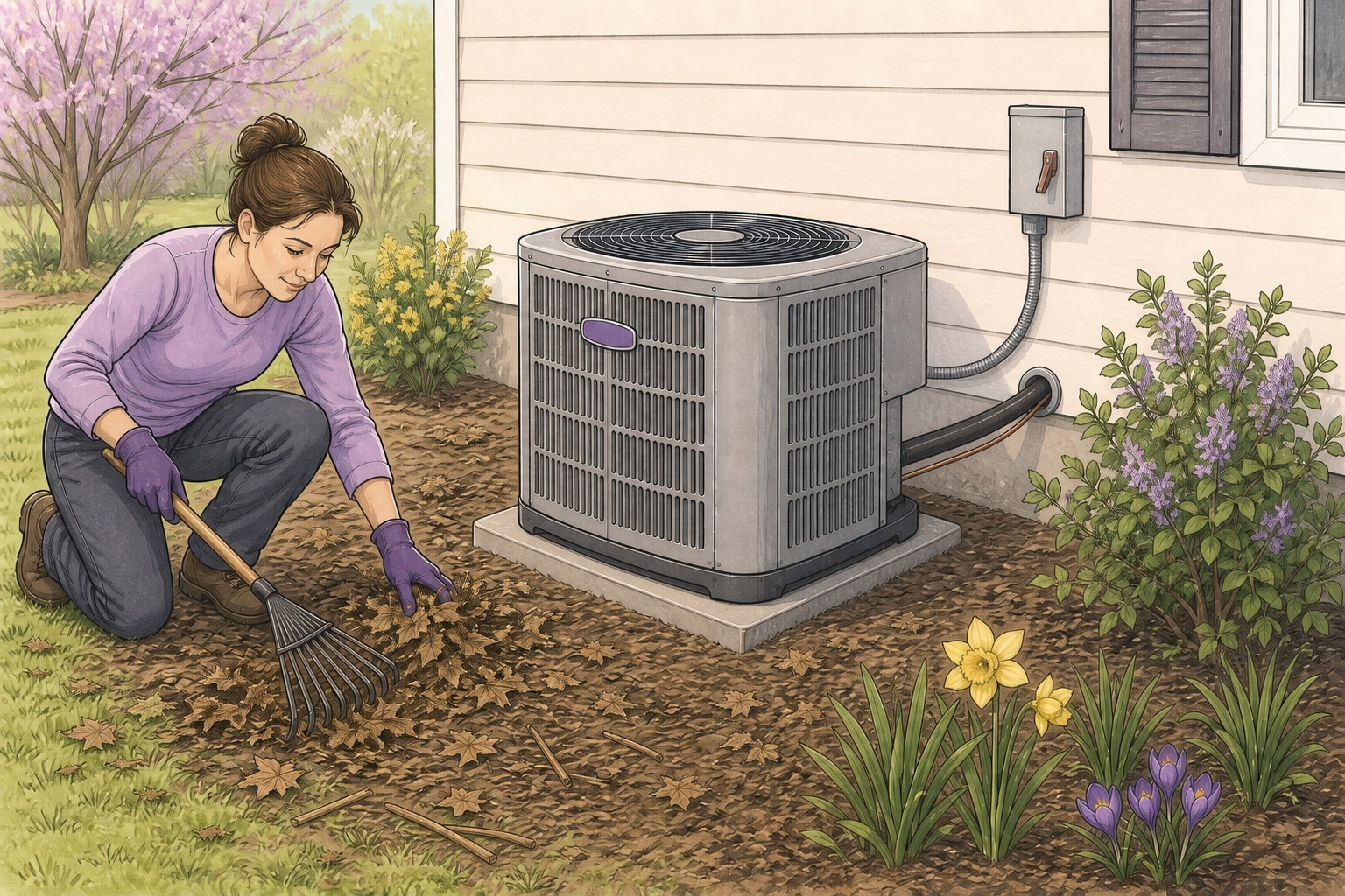 Illustration of a homeowner clearing leaves and debris from around an outdoor air-conditioning unit in spring