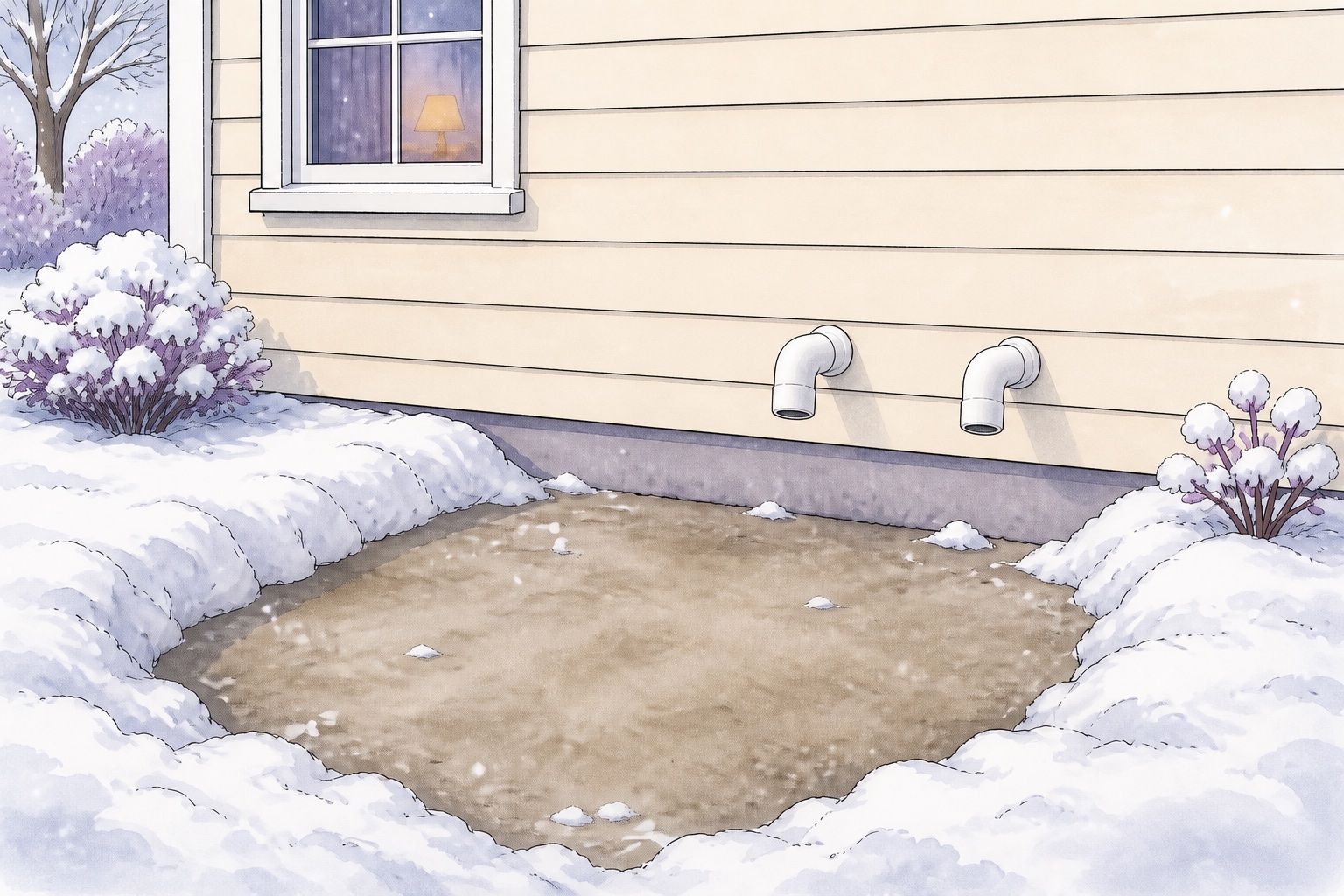 Illustration of snow cleared safely away from two exterior furnace vent openings