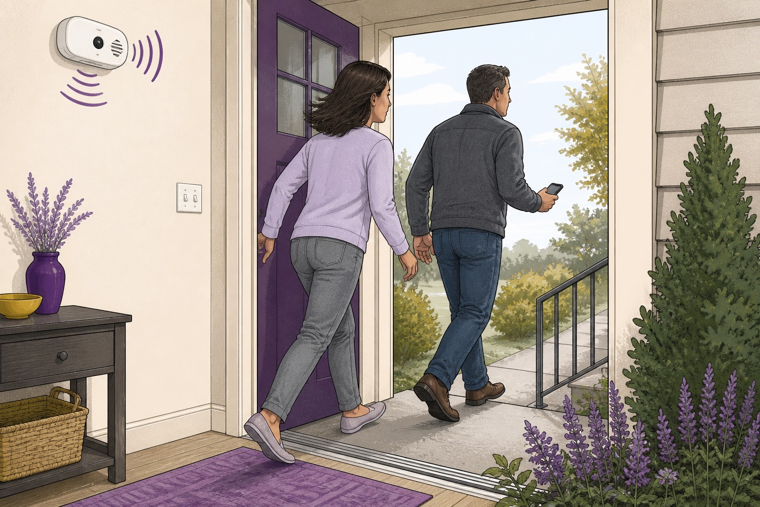 Illustration of two people leaving a home after a carbon monoxide alarm sounds and calling emergency services from outside