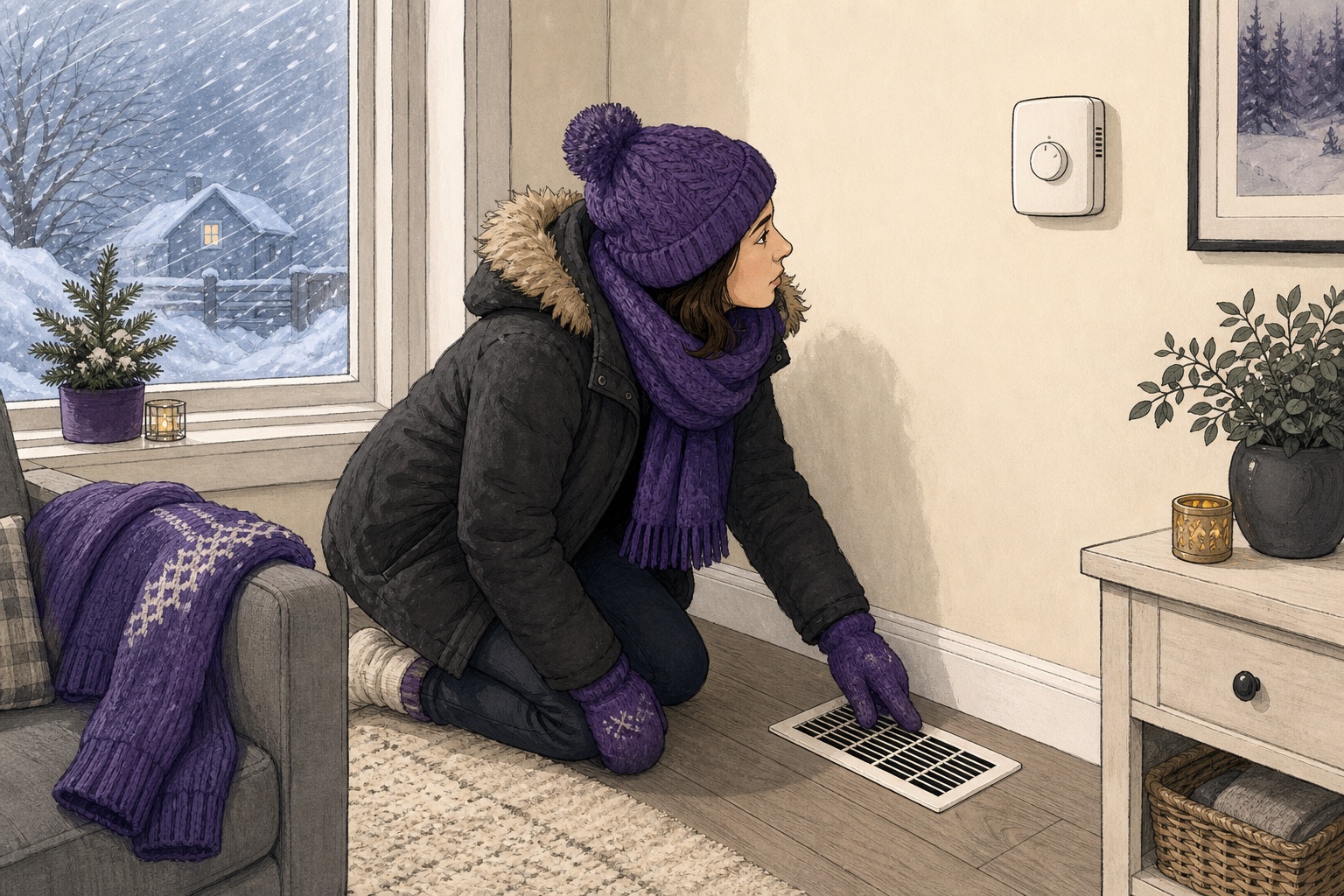 Illustration of a homeowner checking an open floor register and thermostat during severe winter weather
