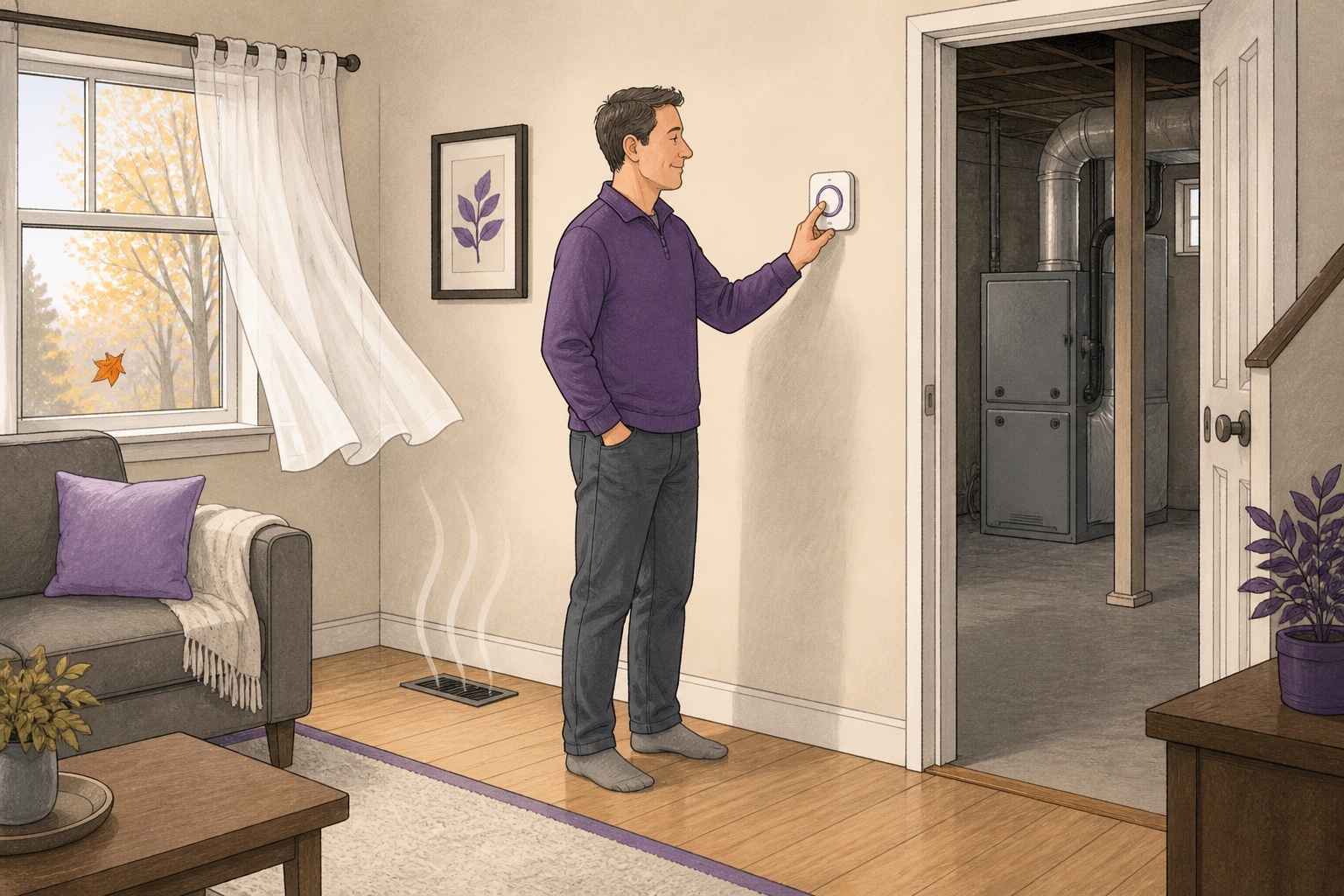 Illustration of a homeowner testing the thermostat and heating system before fall weather arrives