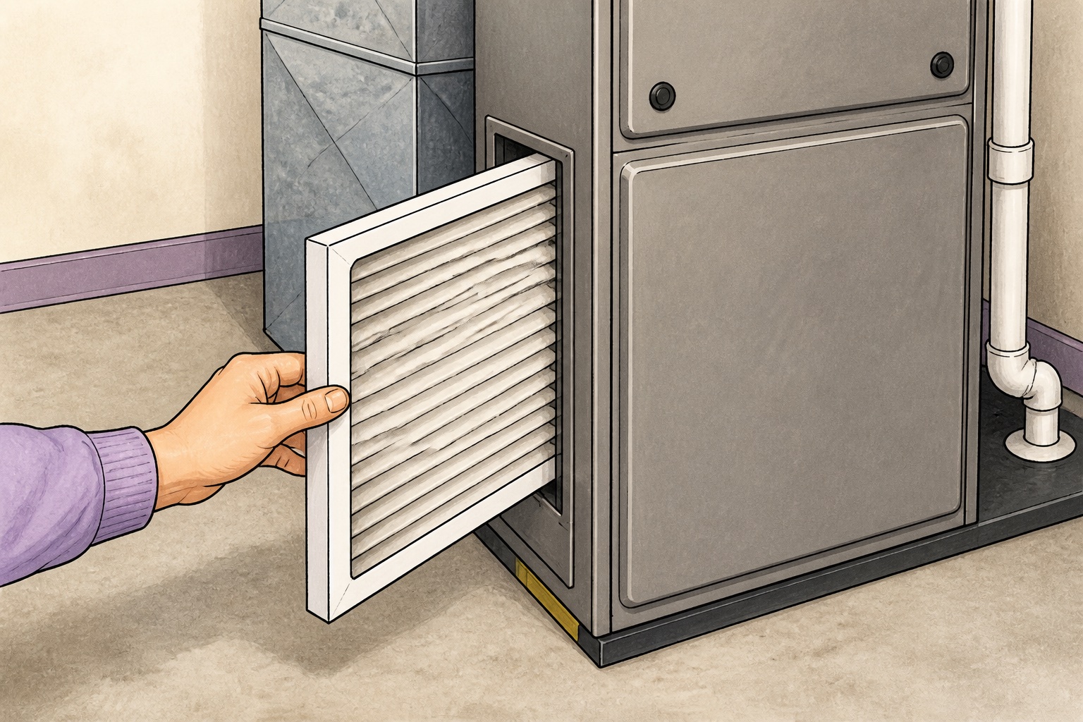 Illustration of a pleated furnace filter being removed from the filter rack beside a forced-air unit