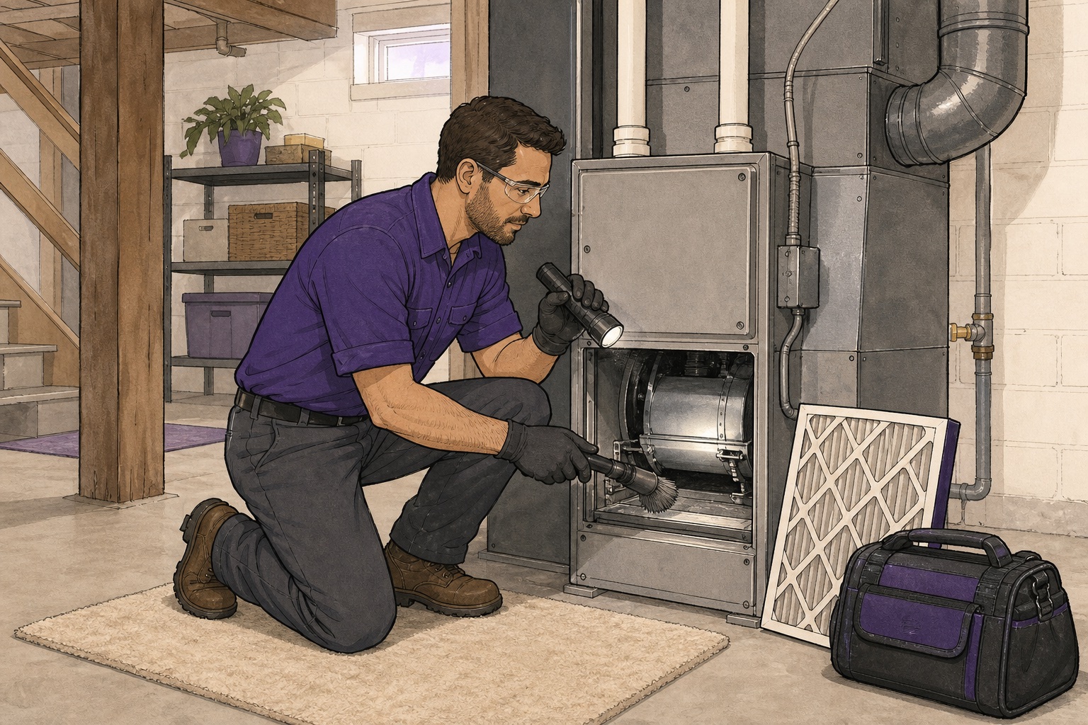 Illustration of an HVAC technician cleaning and inspecting a residential furnace during a service appointment