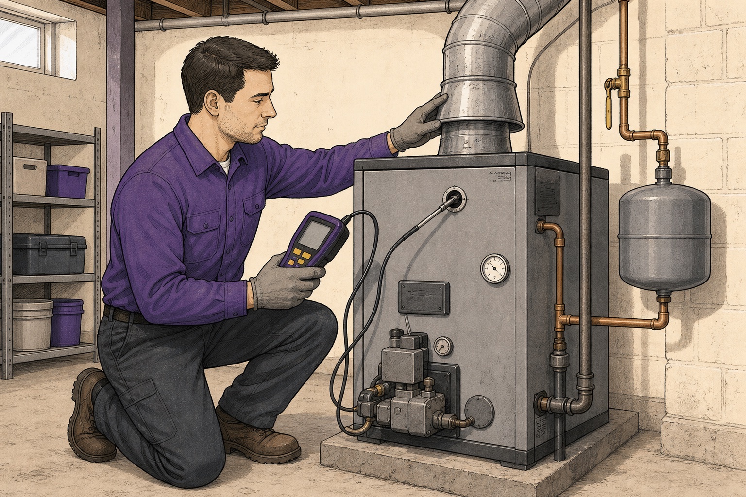 Illustration of a licensed gas technician performing a combustion test on a residential natural-draft boiler