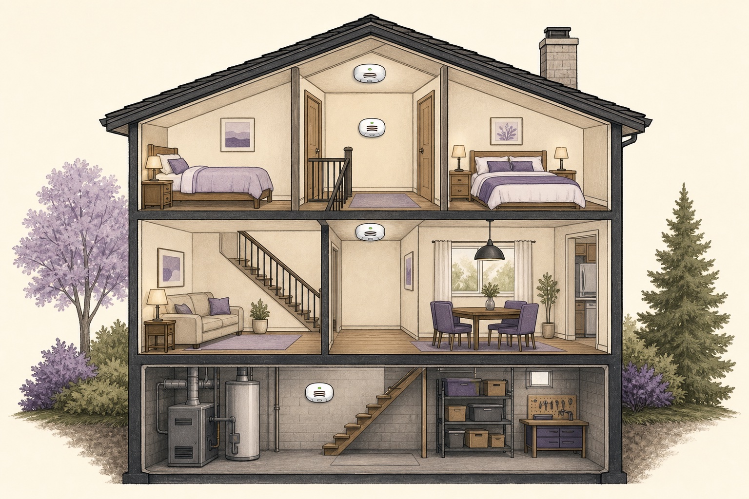 Cutaway illustration showing carbon monoxide alarms on every storey of a home and beside the sleeping area