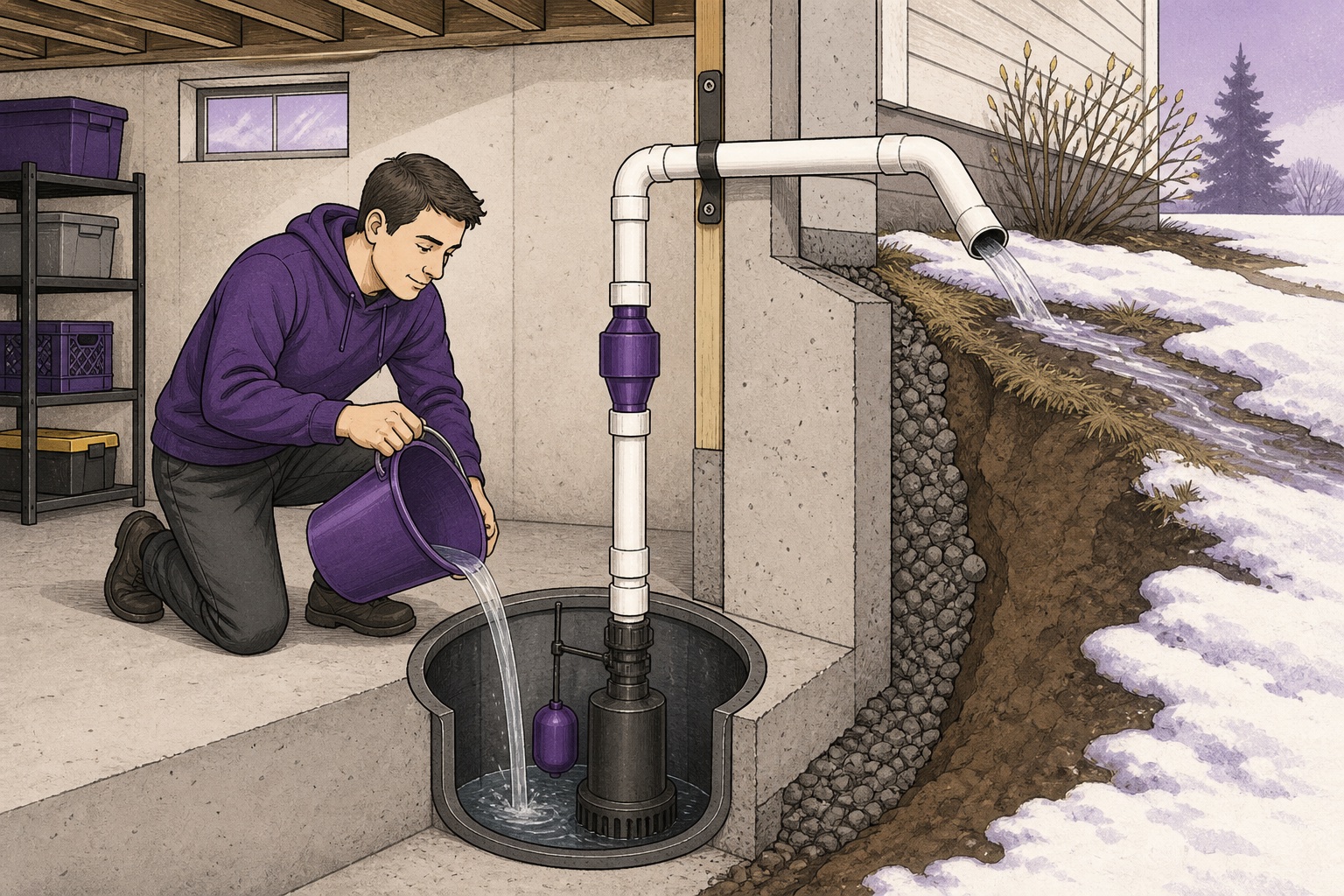 Cutaway illustration of a homeowner safely testing a sump pump before spring snowmelt