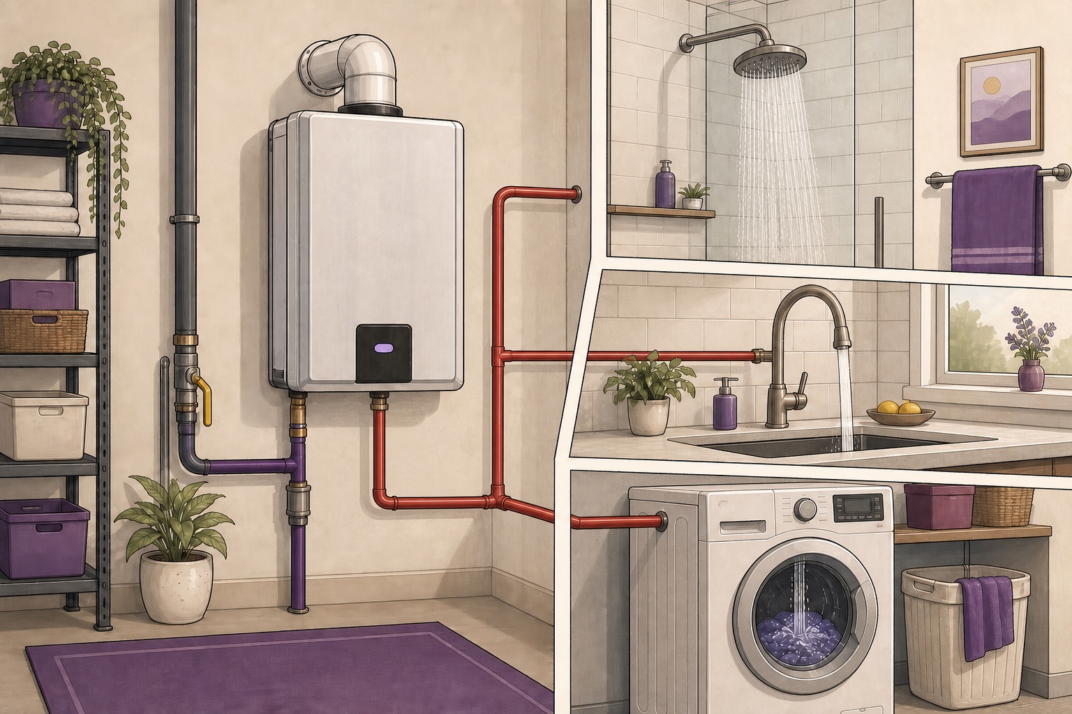 Illustration of a tankless water heater supplying a shower, kitchen faucet and washing machine at the same time