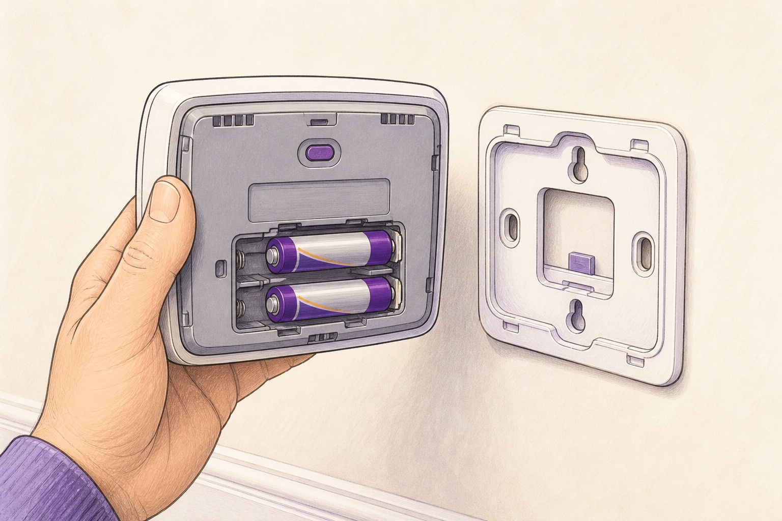 Illustration of a thermostat removed from its wall plate with two AA batteries visible in the rear compartment
